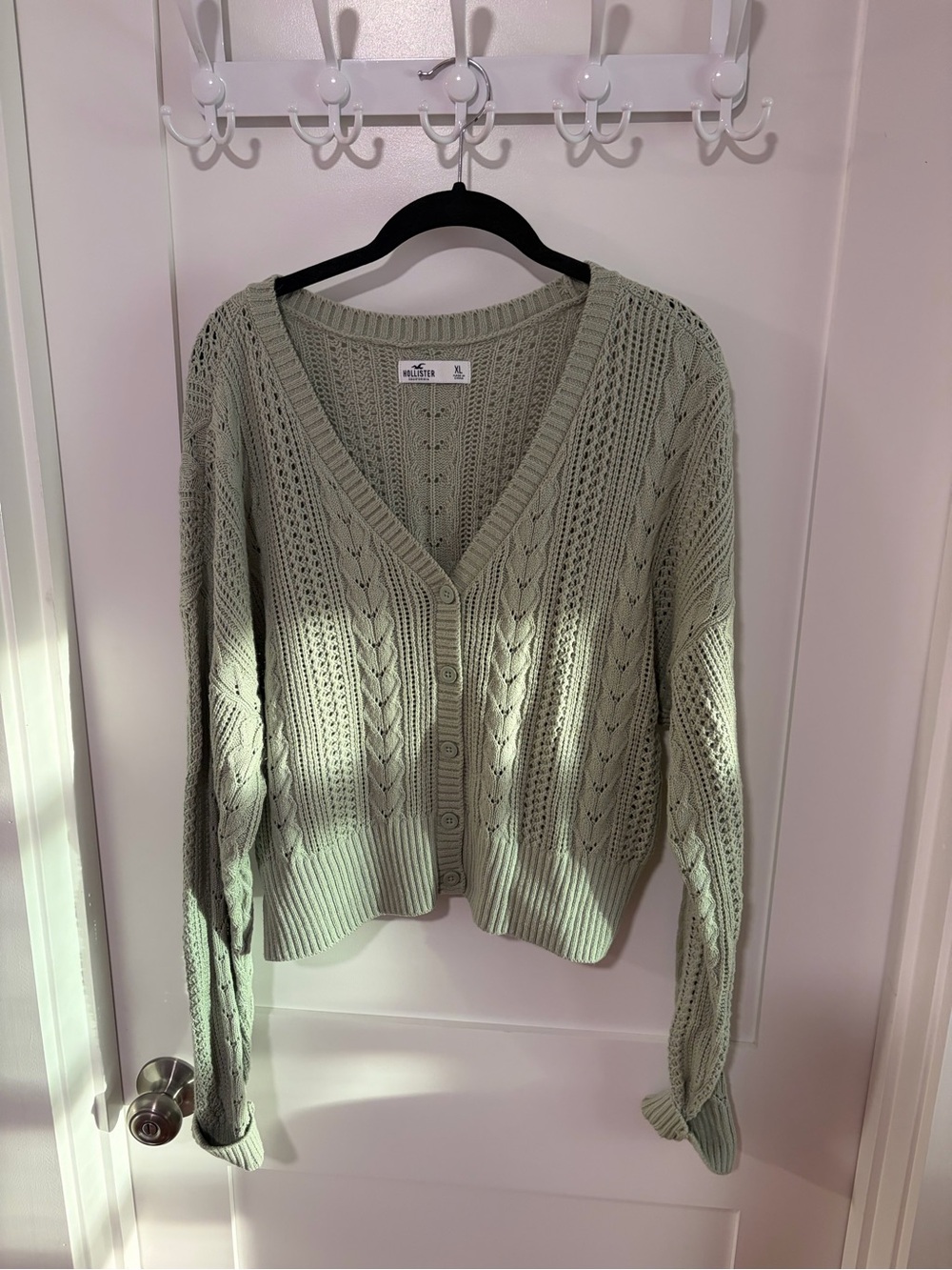 Hollister Light Sage Open-Knit Button Front Cardigan